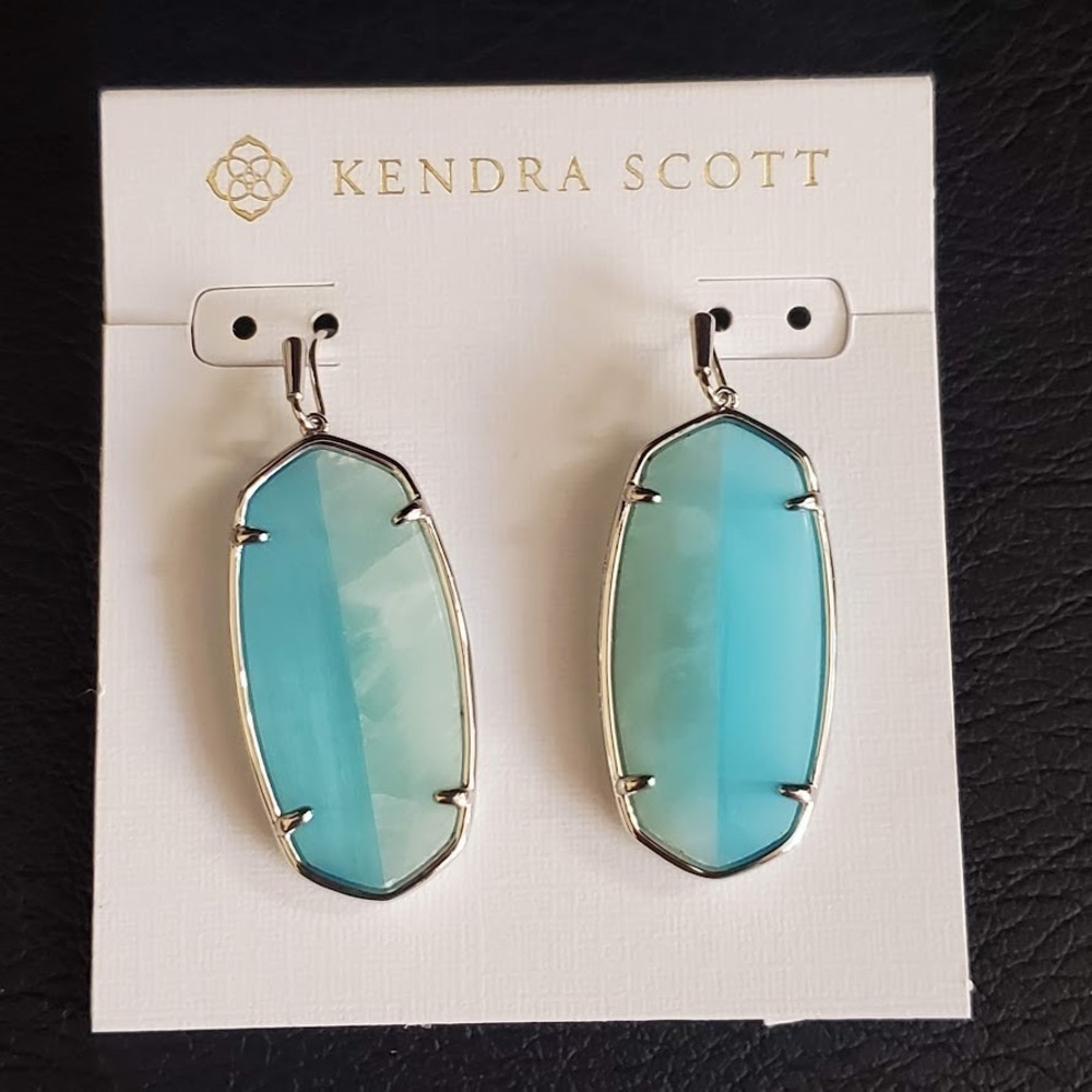Kendra Scott Rhodium Plated Elle Light Blue Intarsia Drop Earrings New with Tags